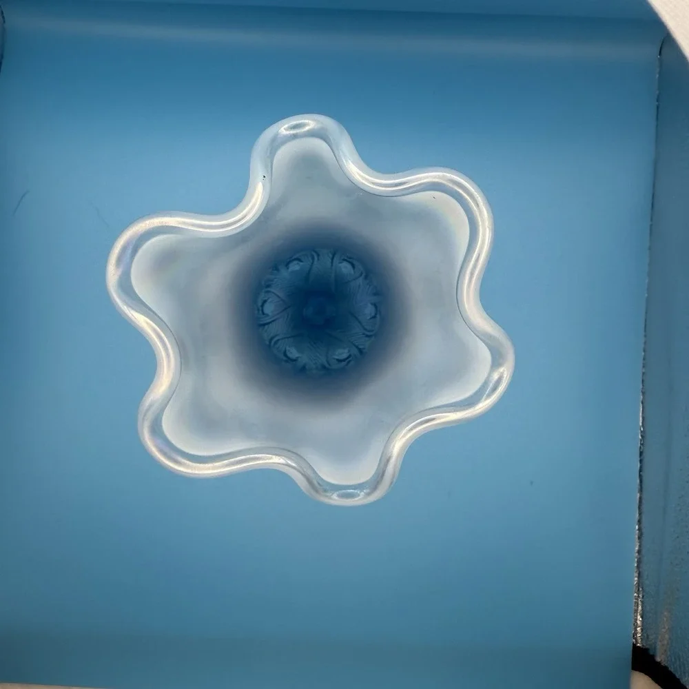 Vintage Iridescent Opalescent Art Glass Vase Blue Ruffled Rim Pedestal 8